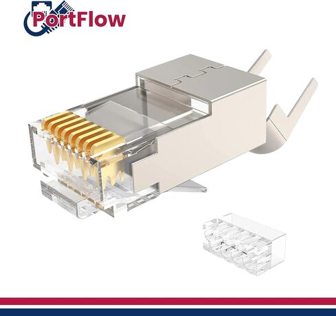 PortFlow Shielded Cat6/6A & Cat7 RJ45 Pass-Through STP Modular Plugs with External Ground Connector – UL Listed EZ-Crimp Gold-Plated 3-Prong 8P8C (20-Pieces) in Saudi Arabia