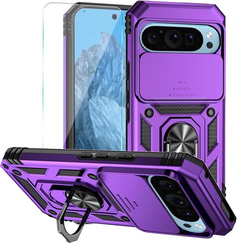 SunStory Compatible with Google Pixel 10 / Pixel 10 Pro Case with HD Screen Protector & Slide Camera Cover & Rotated Ring Kickstand, [Military-Grade] Phone Case for Pixel 10/10 Pro, Red in Kuwait