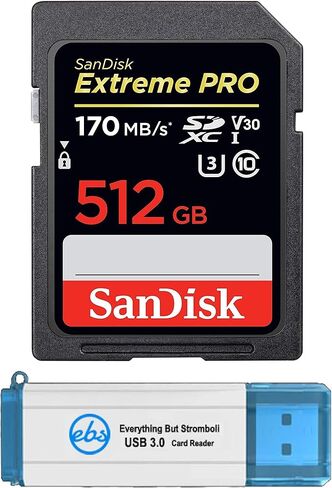 SanDisk Extreme Pro 512GB SD Memory Card SDXC UHS-I Class 10 for Cameras Works with Canon Rebel T5, T5i, T6, T6i, T7, T7i (SDSDXXY-512G-GN4IN) Bundle with (1) Everything But Stromboli 3.0 Card Reader in Saudi Arabia