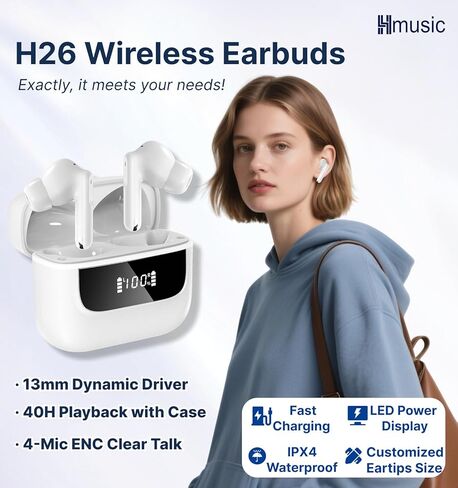 Hmusic H26 سماعات أذن لاسلكية ، 4 ميكروفون في سماعات الأذن ، سماعات الأذن Bluetooth 40H مع حالة شحن ، شاشة LED ، عمر البطارية الطويل ، رياضة التمرينات المائية لنظام Android iOS in Kuwait