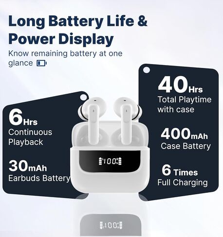 Hmusic H26 سماعات أذن لاسلكية ، 4 ميكروفون في سماعات الأذن ، سماعات الأذن Bluetooth 40H مع حالة شحن ، شاشة LED ، عمر البطارية الطويل ، رياضة التمرينات المائية لنظام Android iOS in Kuwait