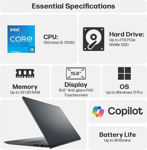Dell Touchscreen Computer Computer Inspiron لأعمال الطلاب المنزلية ، Intel 10-Core I5-1334U (Beat I7-1250U) ، 16GB DDR4 RAM ، 512GB PCIE SSD ، 15.6 " in Kuwait