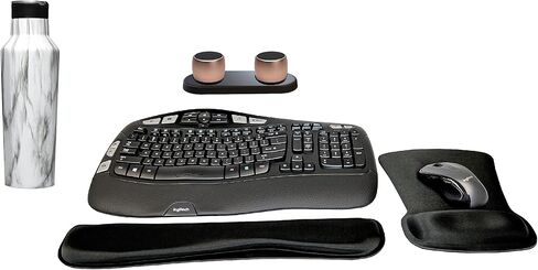 Logitech MK670 Comfort Wave Wireless Keyboard & Mouse Combo Travel Home Office Bundle with 2 Pro Portable Wireless Bluetooth Speakers, Charging Tray, Gel Wrist Pad, Gel Mouse Pad & 20oz Canteen in Saudi Arabia