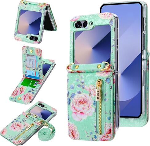 علبة الهاتف لـ Samsung Galaxy Z Flip 6/Flip 7 Fe Wallet Wallet ، فتحات البطاقات 4 مع حزام Crossbody قابل للتعديل مع Kickstand ، غطاء الهاتف الوردي لطيف (أخضر) in Kuwait
