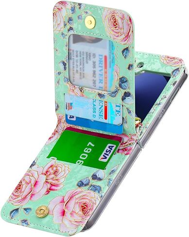 علبة الهاتف لـ Samsung Galaxy Z Flip 6/Flip 7 Fe Wallet Wallet ، فتحات البطاقات 4 مع حزام Crossbody قابل للتعديل مع Kickstand ، غطاء الهاتف الوردي لطيف (أخضر) in Kuwait