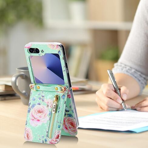 علبة الهاتف لـ Samsung Galaxy Z Flip 6/Flip 7 Fe Wallet Wallet ، فتحات البطاقات 4 مع حزام Crossbody قابل للتعديل مع Kickstand ، غطاء الهاتف الوردي لطيف (أخضر) in Kuwait