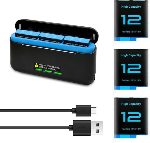 3 Pack 2580 mAh Battery for Gopro Hero 12/Hero 11/Hero 10/Hero 9 with 3-Channel Type-C Battery Charging Station in Kuwait