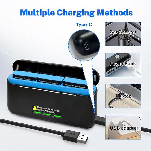 3 Pack 2580 mAh Battery for Gopro Hero 12/Hero 11/Hero 10/Hero 9 with 3-Channel Type-C Battery Charging Station in Kuwait