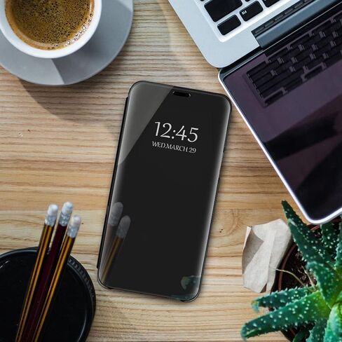 Galaxy S25 Case Compatible with Samsung Galaxy S25 5G Cell Phone Case with Kickstand, PU Leather Clear View Mirror Flip Cover Shockproof Anti-Scratch Protective Cover for Samsung S25, 2025 (Black) in Saudi Arabia