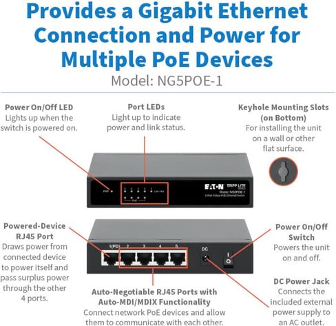 Tripp Lite Series 8-Port Desktop Desktop Gigabit Ethernet Network Switch مع POE+، 60 واط ، العلبة المعدنية ، التوصيل والتشغيل ، خيار توصيل تلقائي ، جدار ، ضمان لمدة 3 سنوات (NG8POE-1) in Kuwait