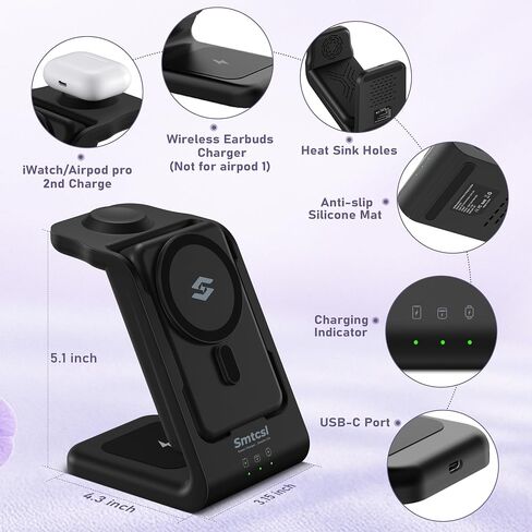 Smtcsl 3 in 1 Wireless Charging Station: 10000mAh Removable Power Bank Charger Stand for Phone/Watch/Air Pods - Portable Magnetic Battery Pack for Air 17 16 15 14 13 12 Series in Kuwait