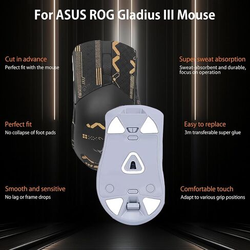 شريط قبضة الماوس ل Asus Rog Gladius III ، حواف منحنية مدورة الزلاجات ، أقدام الفأر ، طقم ترقية الفئران المهنية المقاومة للعرق (لوحة القدم + الشريط الماوس السوداء الذهب) in Kuwait