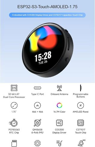 waveshare ESP32-S3 1.75inch AMOLED Round Touch Display Development Board 466×466 Pixels 16.7M Color Display,QSPI Interface,Support Wi-Fi and BLE 5 in Saudi Arabia