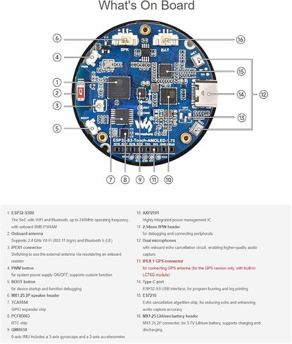 waveshare ESP32-S3 1.75inch AMOLED Round Touch Display Development Board 466×466 Pixels 16.7M Color Display,QSPI Interface,Support Wi-Fi and BLE 5 in Saudi Arabia