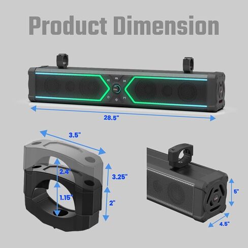 NOAM NSB UTV 28 "Soundbar-نظام صوت Bluetooth مقاوم للماء 66 مع مصابيح RGB لـ UTV ، عربات الجولف والقوارب | RMS 250W True. in Kuwait
