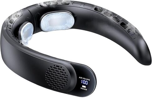 Portable Neck Fan, Bladeless Design, 3 Speeds, LED Display, USB Rechargeable, White (Black) in Saudi Arabia