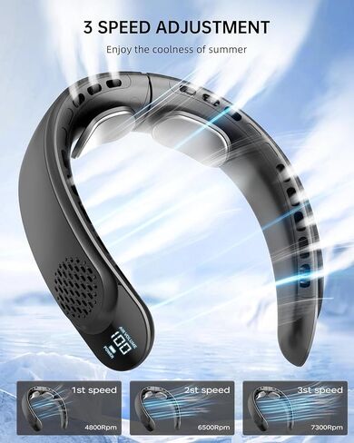 Portable Neck Fan, Bladeless Design, 3 Speeds, LED Display, USB Rechargeable, White (Black) in Saudi Arabia