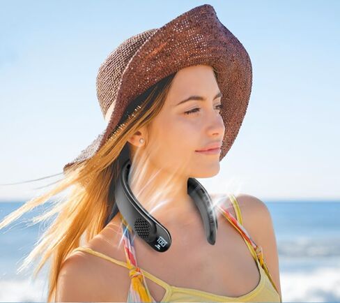 Portable Neck Fan, Bladeless Design, 3 Speeds, LED Display, USB Rechargeable, White (Black) in Saudi Arabia