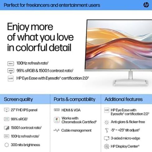 HP 527SF Series 5 27 "FHD 1920X1080 IPS Monitor ، 100Hz ، 99 ٪ SRGB ، 1500: 1 ، 5MS ، Black/Silver (2025 Model) (متجدد) in Kuwait