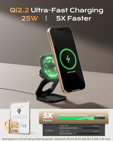 QI2.2 25W شاحن لاسلكي مغناطيسي ، قابلة للطي 3 في محطة شحن سفر لـ iPhone 17/16/15/14/13/12 ، 5W لـ Apple Watch & Airpods ، تصميم سبيكة الألومنيوم ، محول 45W GAN ، رمادي ، in Saudi Arabia