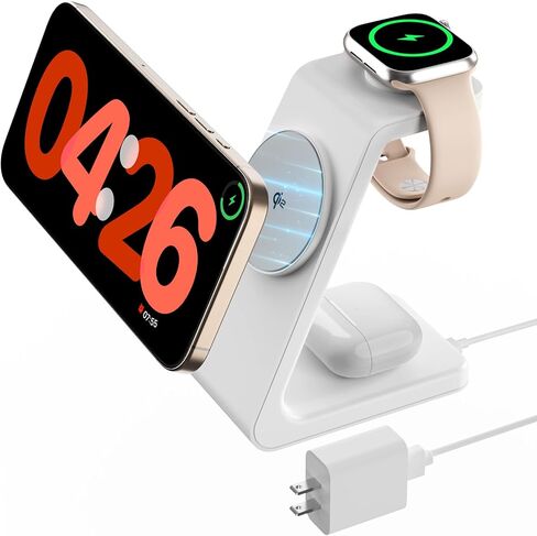 GEEKERA 3 in1 Wireless Charging Station for MagSafe, Qi2 Certified 15W Fast Magnetic Wireless Charger Stand, Compatible for iPhone16/15/14/13/12 Series, Apple Watch, AirPods 4/3/Pro, White in Kuwait