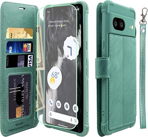 VANAVAGY Wallet Case for Google Pixel 7 5G Case with RFID Blocking Card Holder, PU Leather Flip Phone Cover with Strap for Wireless Charging with Screen Protector for Women Men,Forest Green in Kuwait