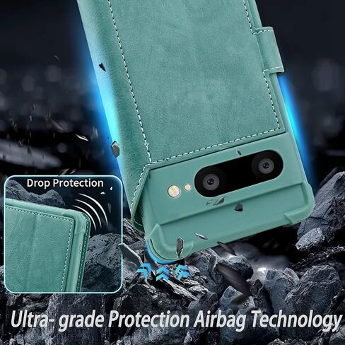 VANAVAGY Wallet Case for Google Pixel 7 5G Case with RFID Blocking Card Holder, PU Leather Flip Phone Cover with Strap for Wireless Charging with Screen Protector for Women Men,Forest Green in Kuwait