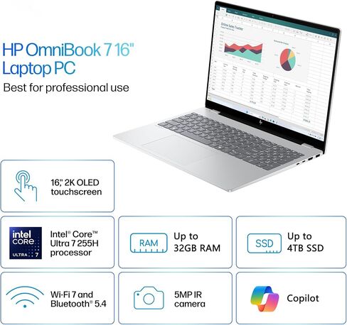 HP Omnibook 7 COPILOT AI LAPTOP | 16 "2K OLED TOUCH (120 هرتز ، 100 ٪ DCI-P3) | Intel Core Ultra 7 255H | 32GB RAM 1TB SSD | FOR Creator Business Profession in Saudi Arabia