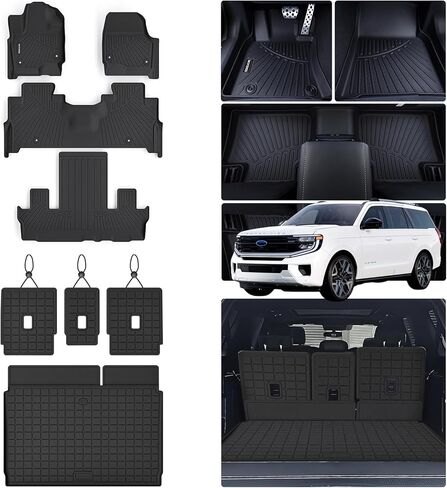 سجادات الأرضية وحصيرة صندوق السيارة لسيارة Ford Expedition MAX 2018-2023 2024-8 مقاعد (مقعد الصف الثاني) - (تناسب الحد الأقصى أو L فقط)، حماية من جميع الأحوال الجوية، 3 صفوف من بطانات أرضية السيارة مع بطانة للحمولة in Kuwait