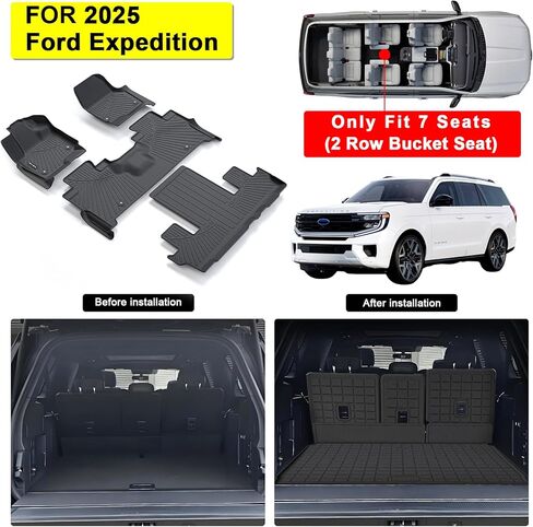 سجادات الأرضية وحصيرة صندوق السيارة لسيارة Ford Expedition MAX 2018-2023 2024-8 مقاعد (مقعد الصف الثاني) - (تناسب الحد الأقصى أو L فقط)، حماية من جميع الأحوال الجوية، 3 صفوف من بطانات أرضية السيارة مع بطانة للحمولة in Kuwait