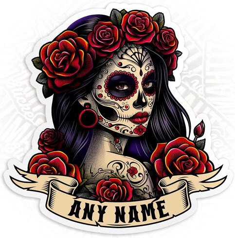 Personalized Women Sugar Skull Sticker Custom Name Sugar Roses Girls Skull Mexico Mexican Stickers Waterproof Die-Cut Vinyl Sticker Decal for Kindle Laptop Water Bottles Phone Decal Gifts in Kuwait