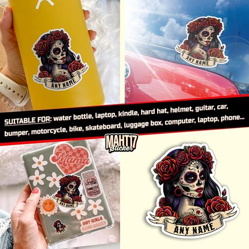 Personalized Women Sugar Skull Sticker Custom Name Sugar Roses Girls Skull Mexico Mexican Stickers Waterproof Die-Cut Vinyl Sticker Decal for Kindle Laptop Water Bottles Phone Decal Gifts in Kuwait