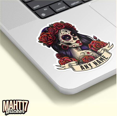 Personalized Women Sugar Skull Sticker Custom Name Sugar Roses Girls Skull Mexico Mexican Stickers Waterproof Die-Cut Vinyl Sticker Decal for Kindle Laptop Water Bottles Phone Decal Gifts in Kuwait