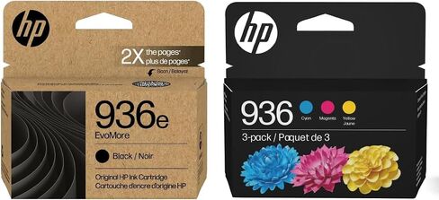 HP Original 936e Black Evomore Ink / 936 Tri-Color Ink Cartridges (2 pack) | يعمل مع سلسلة الطابعة: OfficeJet 9120 ، Pro 9100 ، Pro Wide Format 9700 | كربون محايد | C84QZLN in Kuwait