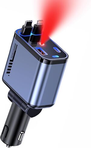 شاحن سيارة قابل للسحب 120W مع Starlight ، 4 في 1 محول سيارة USB-C شحن سريع مع كبلتين قابلتين للسحب ومنفذان USB ، متوافقان مع iPhone 16/15/14/13/12/11 ، جميع هواتف Android in Kuwait
