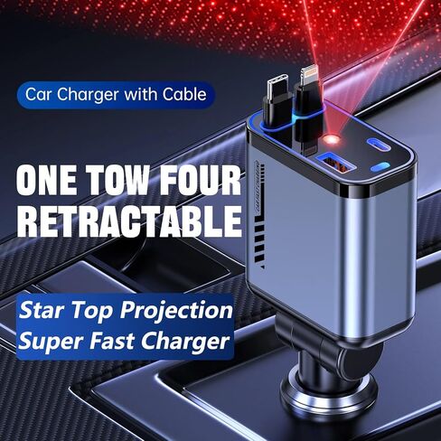 شاحن سيارة قابل للسحب 120W مع Starlight ، 4 في 1 محول سيارة USB-C شحن سريع مع كبلتين قابلتين للسحب ومنفذان USB ، متوافقان مع iPhone 16/15/14/13/12/11 ، جميع هواتف Android in Kuwait