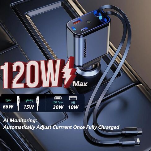 شاحن سيارة قابل للسحب 120W مع Starlight ، 4 في 1 محول سيارة USB-C شحن سريع مع كبلتين قابلتين للسحب ومنفذان USB ، متوافقان مع iPhone 16/15/14/13/12/11 ، جميع هواتف Android in Kuwait