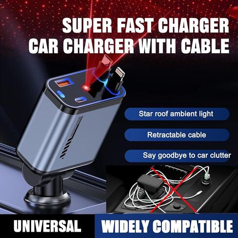 شاحن سيارة قابل للسحب 120W مع Starlight ، 4 في 1 محول سيارة USB-C شحن سريع مع كبلتين قابلتين للسحب ومنفذان USB ، متوافقان مع iPhone 16/15/14/13/12/11 ، جميع هواتف Android in Kuwait