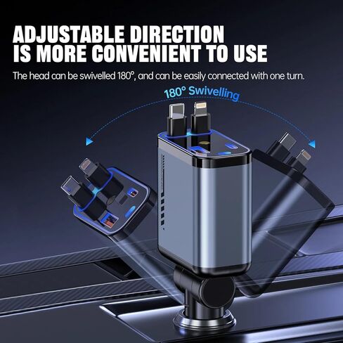 شاحن سيارة قابل للسحب 120W مع Starlight ، 4 في 1 محول سيارة USB-C شحن سريع مع كبلتين قابلتين للسحب ومنفذان USB ، متوافقان مع iPhone 16/15/14/13/12/11 ، جميع هواتف Android in Kuwait