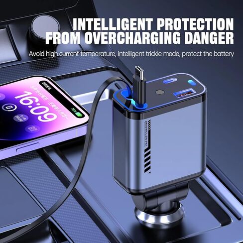 شاحن سيارة قابل للسحب 120W مع Starlight ، 4 في 1 محول سيارة USB-C شحن سريع مع كبلتين قابلتين للسحب ومنفذان USB ، متوافقان مع iPhone 16/15/14/13/12/11 ، جميع هواتف Android in Kuwait