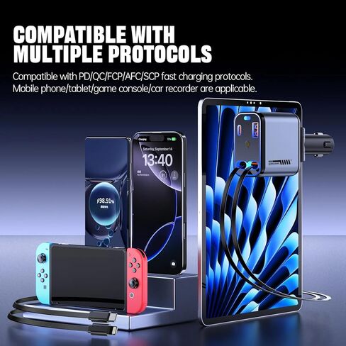 شاحن سيارة قابل للسحب 120W مع Starlight ، 4 في 1 محول سيارة USB-C شحن سريع مع كبلتين قابلتين للسحب ومنفذان USB ، متوافقان مع iPhone 16/15/14/13/12/11 ، جميع هواتف Android in Kuwait