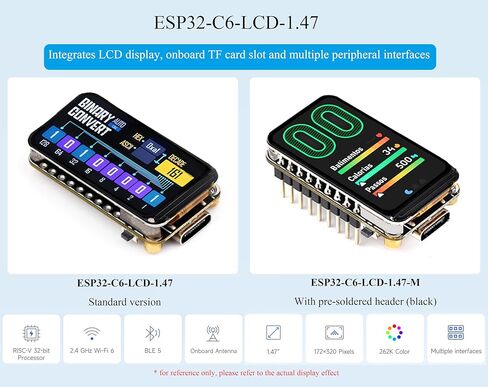 لوحة تطوير عرض ESP32-C6 1.47 بوصة مع رأس محول مسبقًا ، 172 × 320 ، لون 262 كيلو ، معالج أحادي النواة 160 ميجا هرتز ، مع LED RGB ملون ، ESP32 مع العرض ، دعم W-I-F-I 6 & BLE in Saudi Arabia
