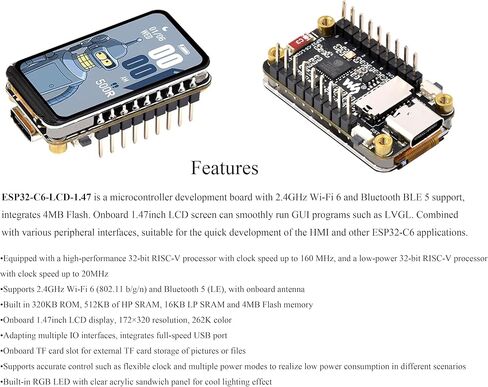 لوحة تطوير عرض ESP32-C6 1.47 بوصة مع رأس محول مسبقًا ، 172 × 320 ، لون 262 كيلو ، معالج أحادي النواة 160 ميجا هرتز ، مع LED RGB ملون ، ESP32 مع العرض ، دعم W-I-F-I 6 & BLE in Saudi Arabia