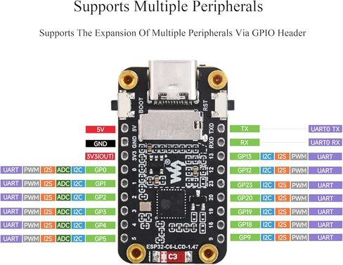لوحة تطوير عرض ESP32-C6 1.47 بوصة مع رأس محول مسبقًا ، 172 × 320 ، لون 262 كيلو ، معالج أحادي النواة 160 ميجا هرتز ، مع LED RGB ملون ، ESP32 مع العرض ، دعم W-I-F-I 6 & BLE in Saudi Arabia
