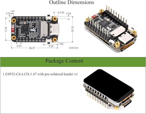لوحة تطوير عرض ESP32-C6 1.47 بوصة مع رأس محول مسبقًا ، 172 × 320 ، لون 262 كيلو ، معالج أحادي النواة 160 ميجا هرتز ، مع LED RGB ملون ، ESP32 مع العرض ، دعم W-I-F-I 6 & BLE in Saudi Arabia