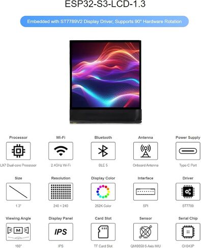 Waveshare ESP32-S3 1.3inch لوحة تطوير العرض 240 × 240 بكسل 262 كيلو لاتين LCD ， يدعم 90 درجة دوران ، وشريحة ST7789V2 المدمجة و 6 محاور IMU in Saudi Arabia