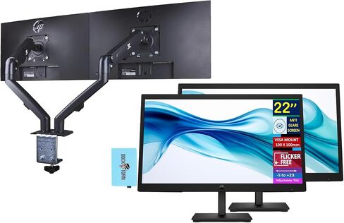 HP 22 "FHD VA Monitor مع وقت استجابة 5 مللي ثانية ، مضاد للشفقة ، وميض خالية ، Mount Vesa (100x100mm) ، HDMI ، VGA & Dockztorm USB Port Expander ، Black Color و Ergoflexy Dual Monitor Mount (2 Pack) in Saudi Arabia