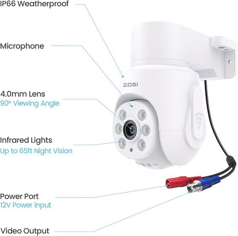 Zosi 5MP HD-TVI PAN Camera Security Camera ، 355 ° دوران للاستخدام الداخلي في الهواء الطلق ، والرؤية الليلية 65 قدمًا ، وصوتًا أحادي الاتجاه ، ومقاوم للتسلية ، فقط اعمل فقط مع نفس العلامة التجارية 1080p/5mp/4K DVR Systems in Saudi Arabia