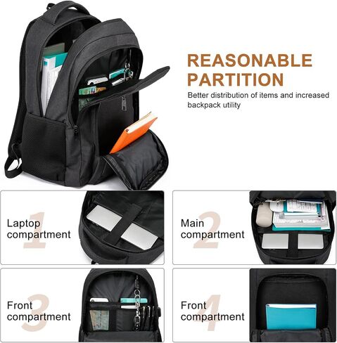 School Backpacks for Teen Boys Girls, Large Bookbag with USB Charger Port, Laptop Backpack for Men and Women, Water Resistant College Backpack Fit 15.6 Inch Laptop, Black in Kuwait