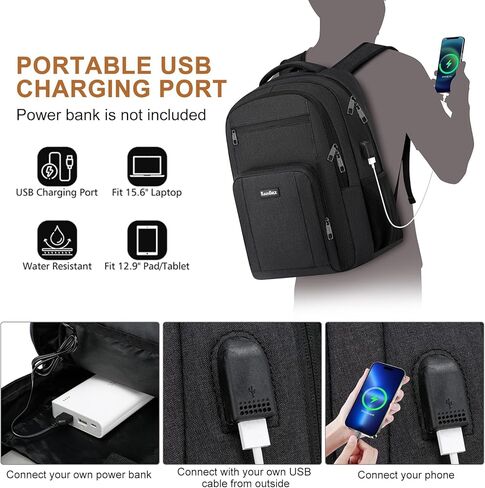 School Backpacks for Teen Boys Girls, Large Bookbag with USB Charger Port, Laptop Backpack for Men and Women, Water Resistant College Backpack Fit 15.6 Inch Laptop, Black in Kuwait